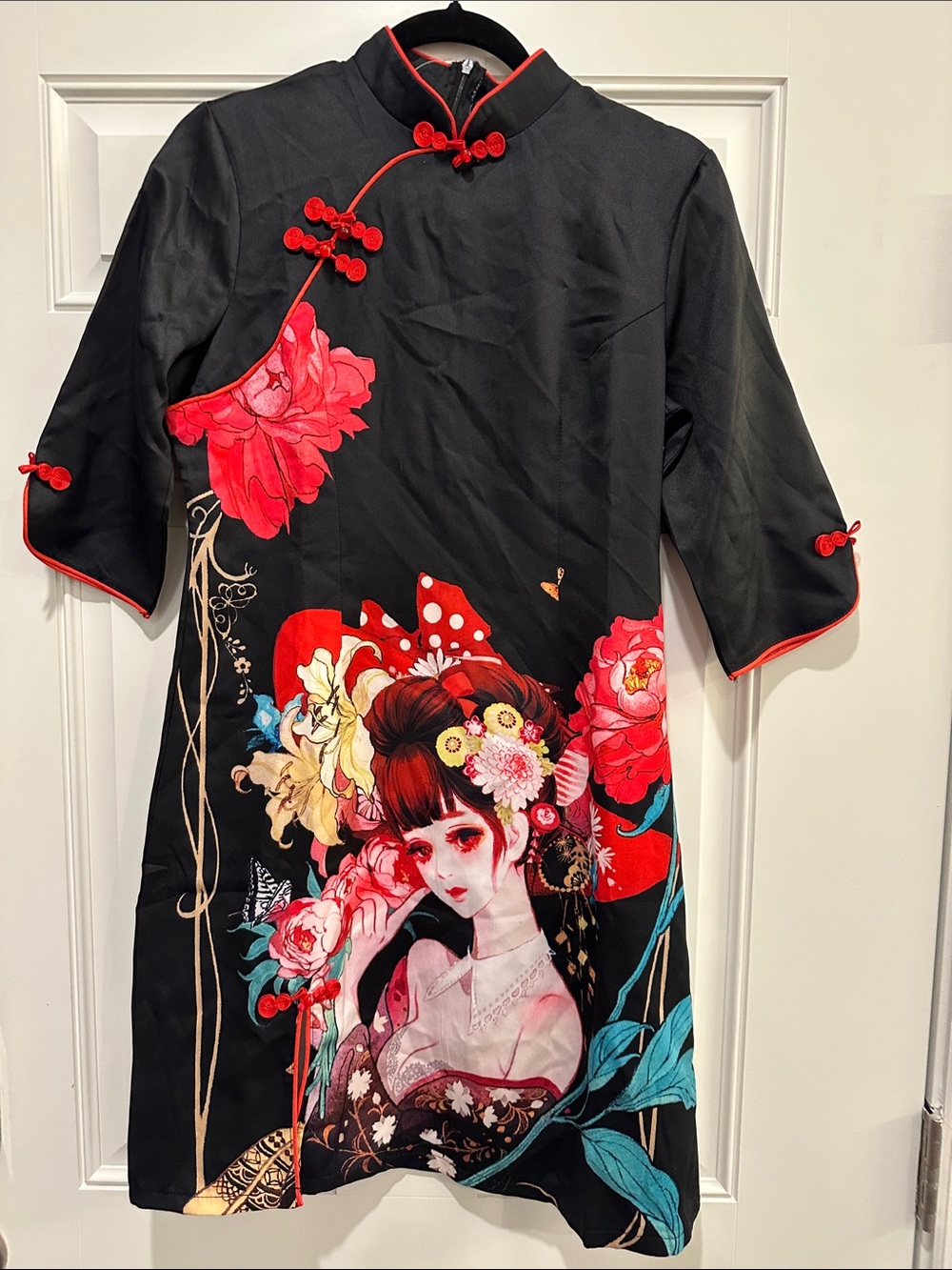 Black Mini Dress with Red Floral Graphic - Picture 2 of 4